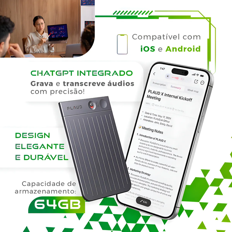 Plaud Note Gravador De Voz Com IA - 64 Gb Cor Preto